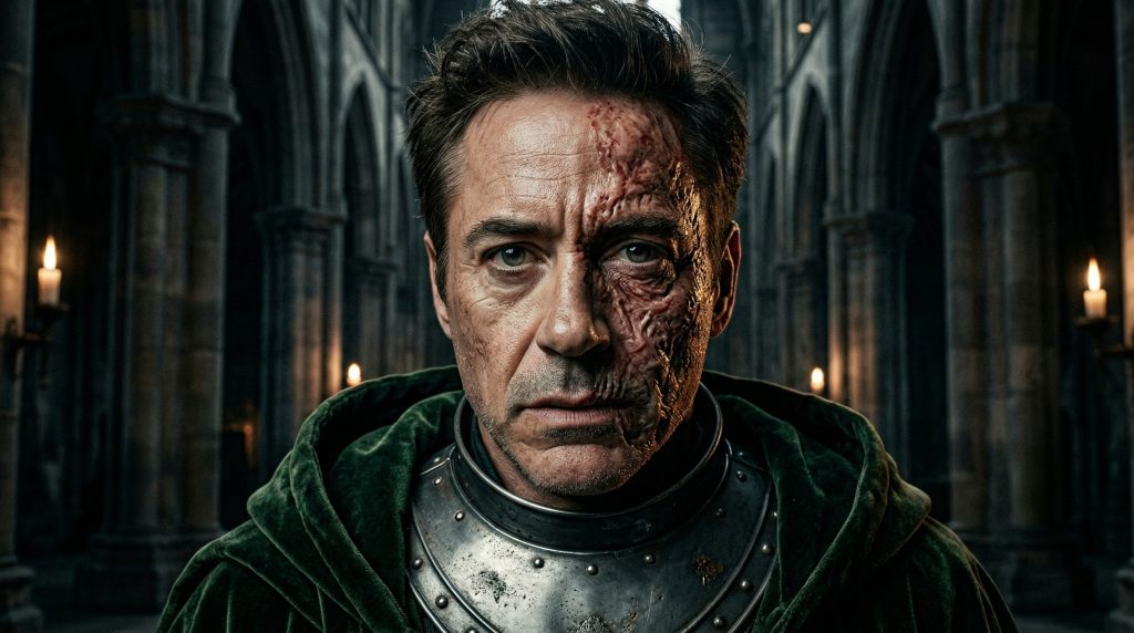 Close up of Robert Downey Jr as Doctor Doom unmasked in Avengers Doomsday showing scars.