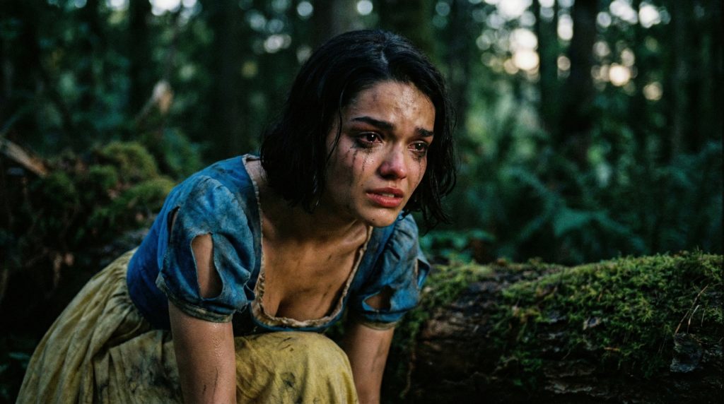 Rachel Zegler as Snow White crying in the forest with CGI dwarfs in background.