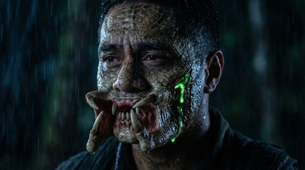 Close up of unmasked Dek in Predator Badlands showing green blood and rain texture.