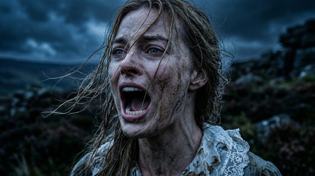 Close up of Margot Robbie as Catherine Earnshaw looking manic and windblown in Wuthering Heights.