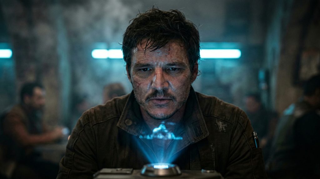 Close up of Pedro Pascal as unmasked Din Djarin looking tired in The Mandalorian and Grogu movie.