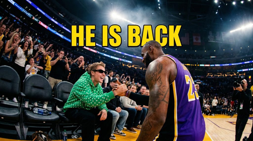Cinematic wide still of Justin Bieber courtside at a Lakers game interacting with LeBron James, wearing a green polka dot hoodie ahead of Coachella 2026.