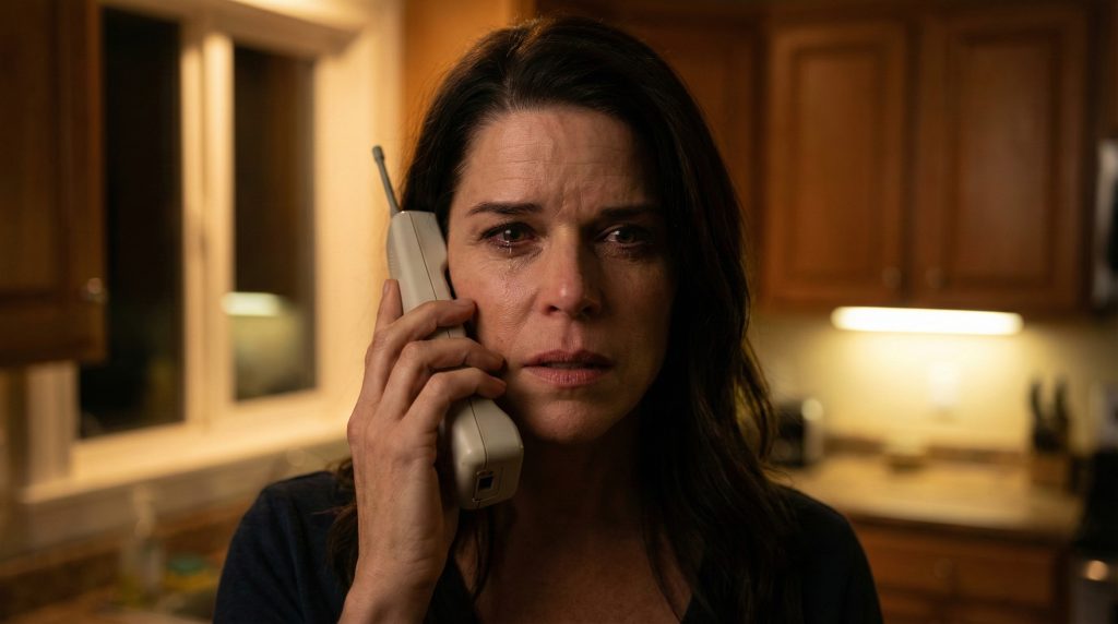 Close up of Neve Campbell as Sidney Prescott in Scream 7 holding a phone.