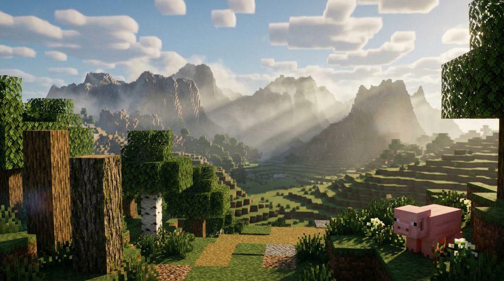 Cinematic wide shot of the realistic Minecraft Overworld landscape with square trees.