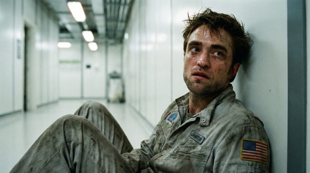 Robert Pattinson in Mickey 17 looking terrified in a futuristic tube.