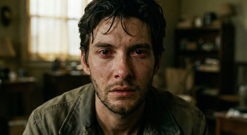 Ben Barnes looking devastated and exhausted in a dark, gritty sci-fi environment.