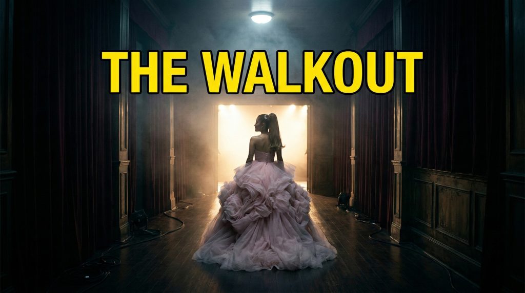 Cinematic wide still of Ariana Grande in a pink gown turning away from a stage entrance, symbolizing her boycott of the Actor Awards.