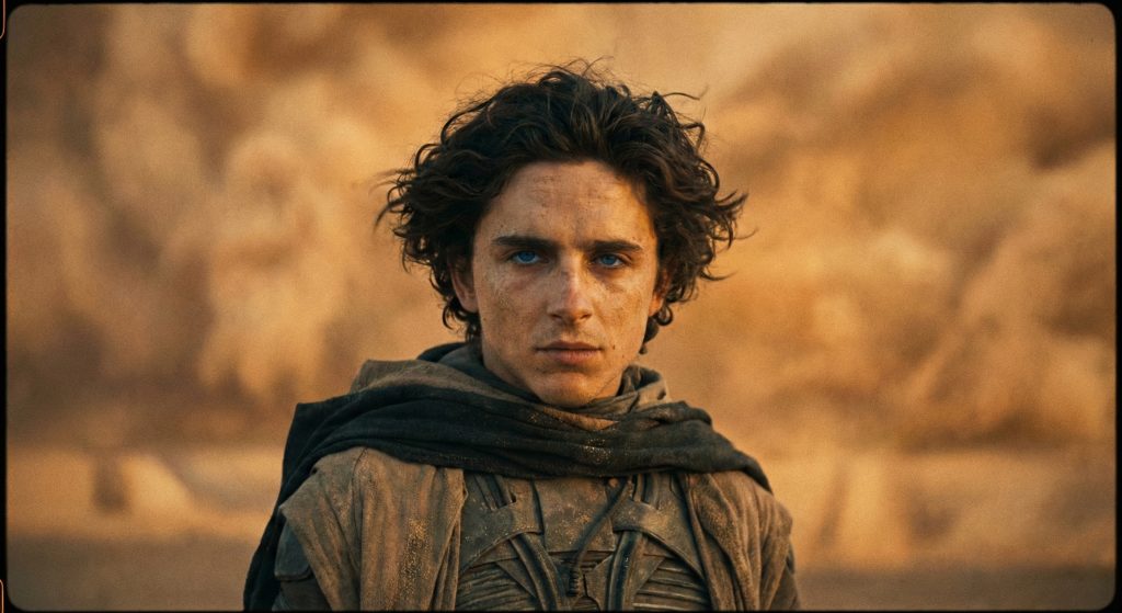 Timothée Chalamet as Paul Atreides standing in a desert sandstorm, looking intense and gritty.