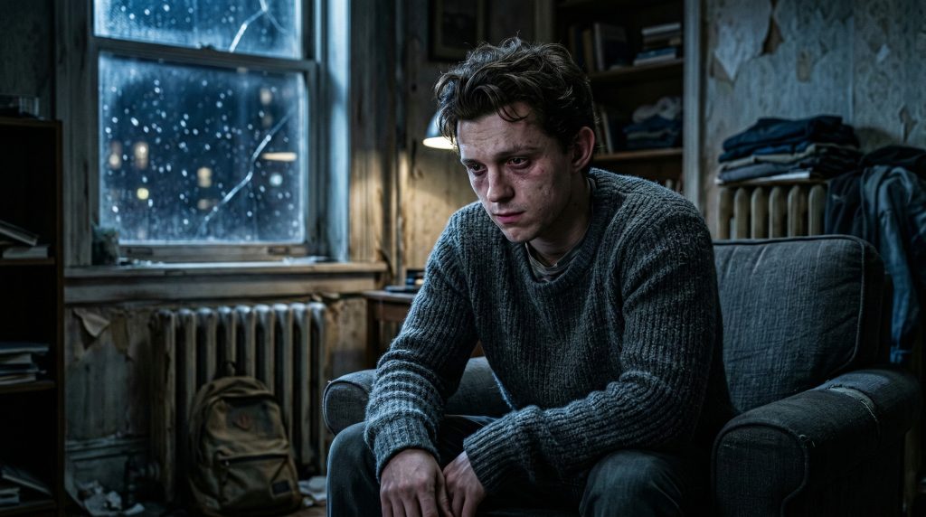 Close up of an older, depressed Peter Parker in a snowy apartment for Spider-Man 4.