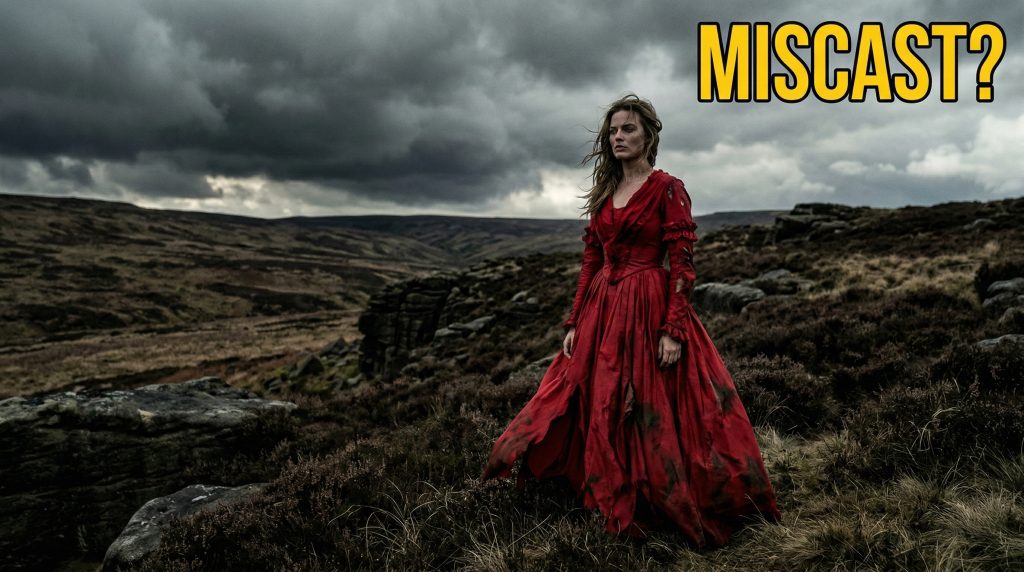 Cinematic wide still from Emerald Fennell's Wuthering Heights featuring Margot Robbie as Catherine Earnshaw on the moors, showing the controversial costume design.