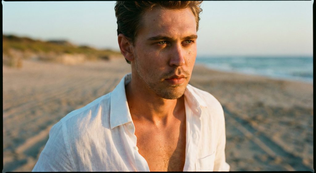 Austin Butler looking serious and moody, wearing a loose shirt that hints at a pirate aesthetic.