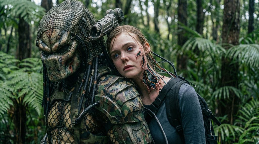 Close up of Elle Fanning as the damaged android Thia in Predator Badlands.