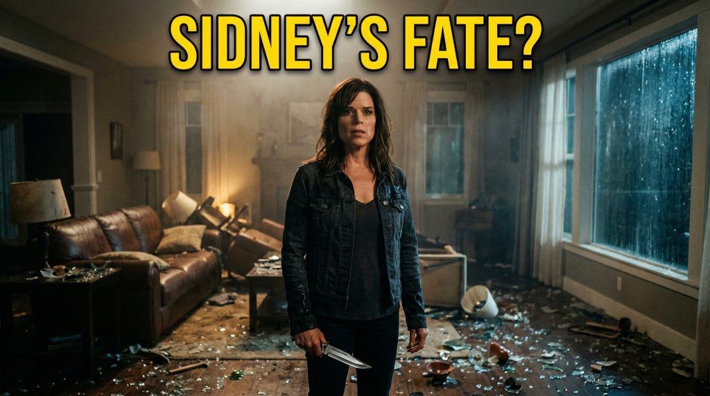 Cinematic wide still from Scream 7 featuring Neve Campbell as Sidney Prescott holding a knife in a destroyed living room, captured with dramatic lighting.