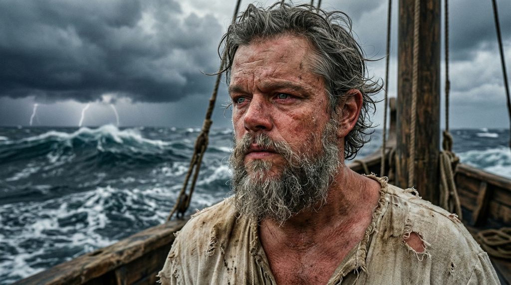 Cinematic wide shot of Odysseus's ship facing a sea monster in heavy fog.