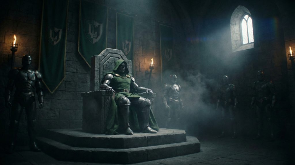 Close up of Robert Downey Jr as Doctor Doom showing facial scars in Avengers Doomsday.