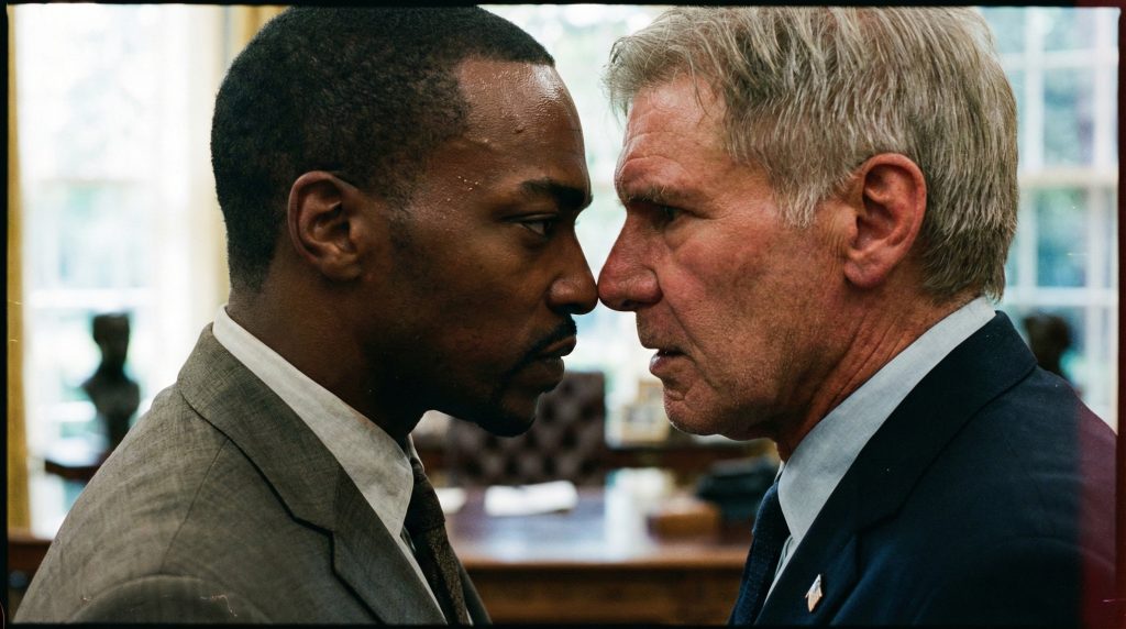 Anthony Mackie as Captain America facing off against Harrison Ford as Red Hulk.