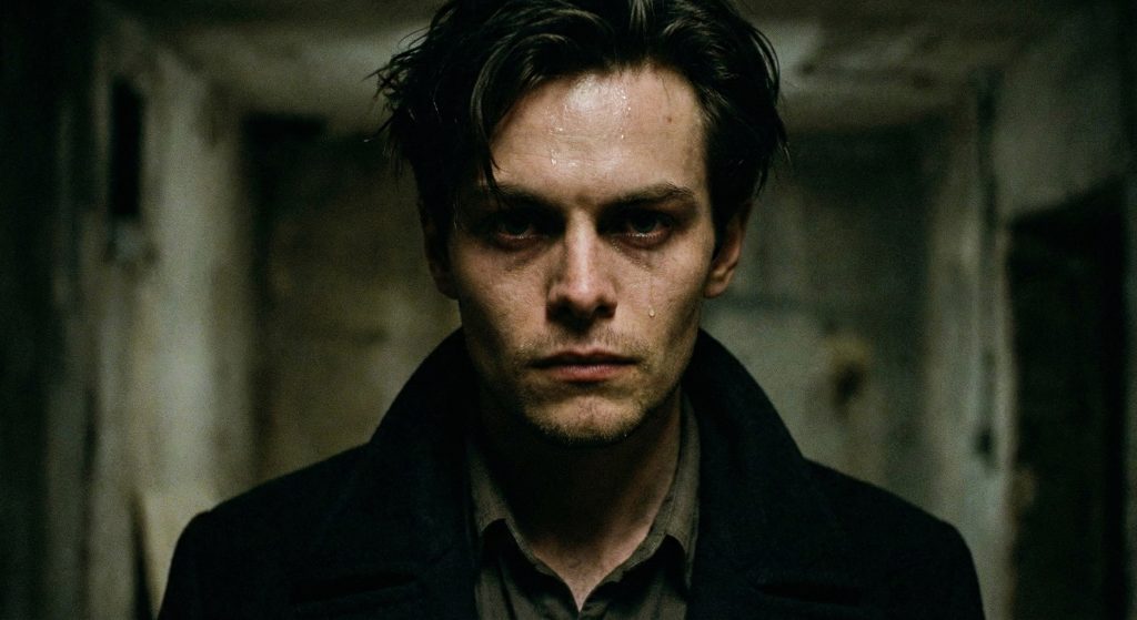 Close up of Kaz Brekker from Shadow and Bone looking angry and disappointed in dark lighting.