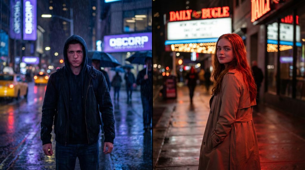 Split screen of Sadie Sink smiling and Tom Holland as Spider-Man looking shocked.