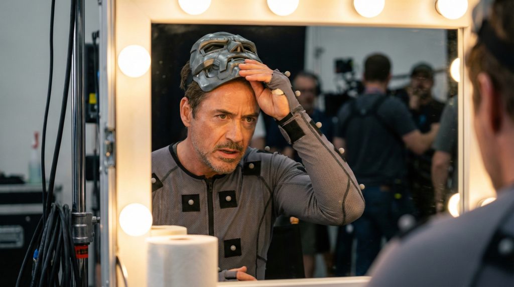 Close up of Robert Downey Jr filming Avengers Secret Wars in a motion capture suit.
