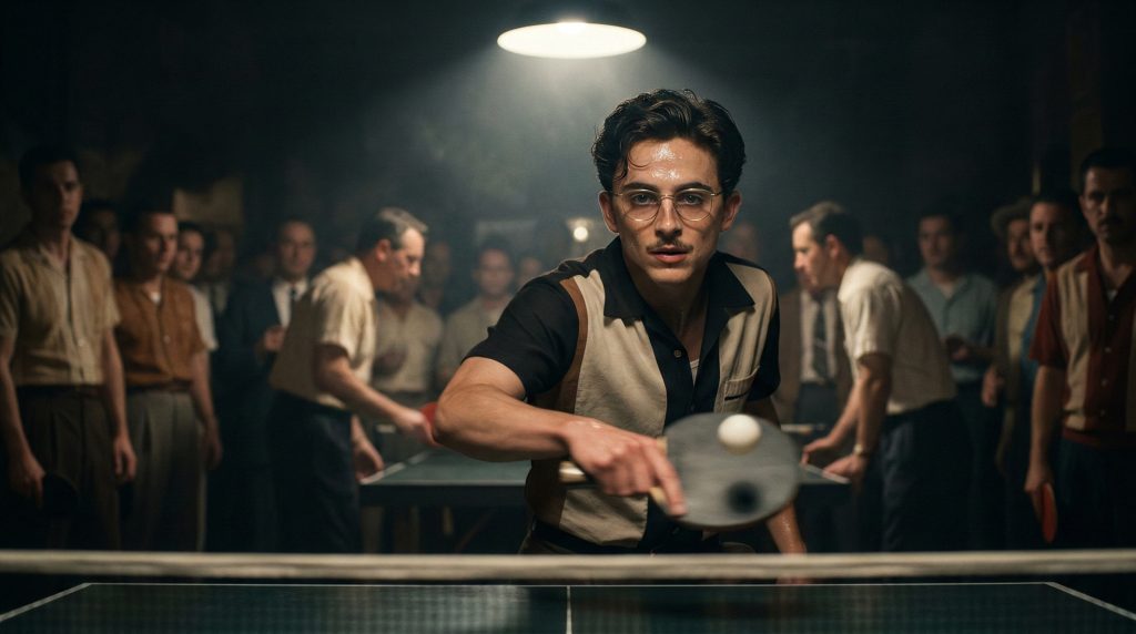 Cinematic wide still from Marty Supreme featuring Timothée Chalamet as Marty Mauser playing ping pong in a smoky 1950s hall, captured with dramatic lighting.