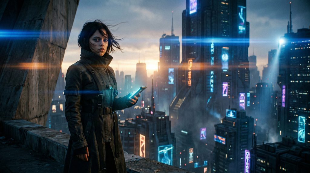 Cinematic wide still of Jenna Ortega in The Great Beyond, standing on a futuristic ledge with a glowing device, captured in J.J. Abrams sci-fi style.